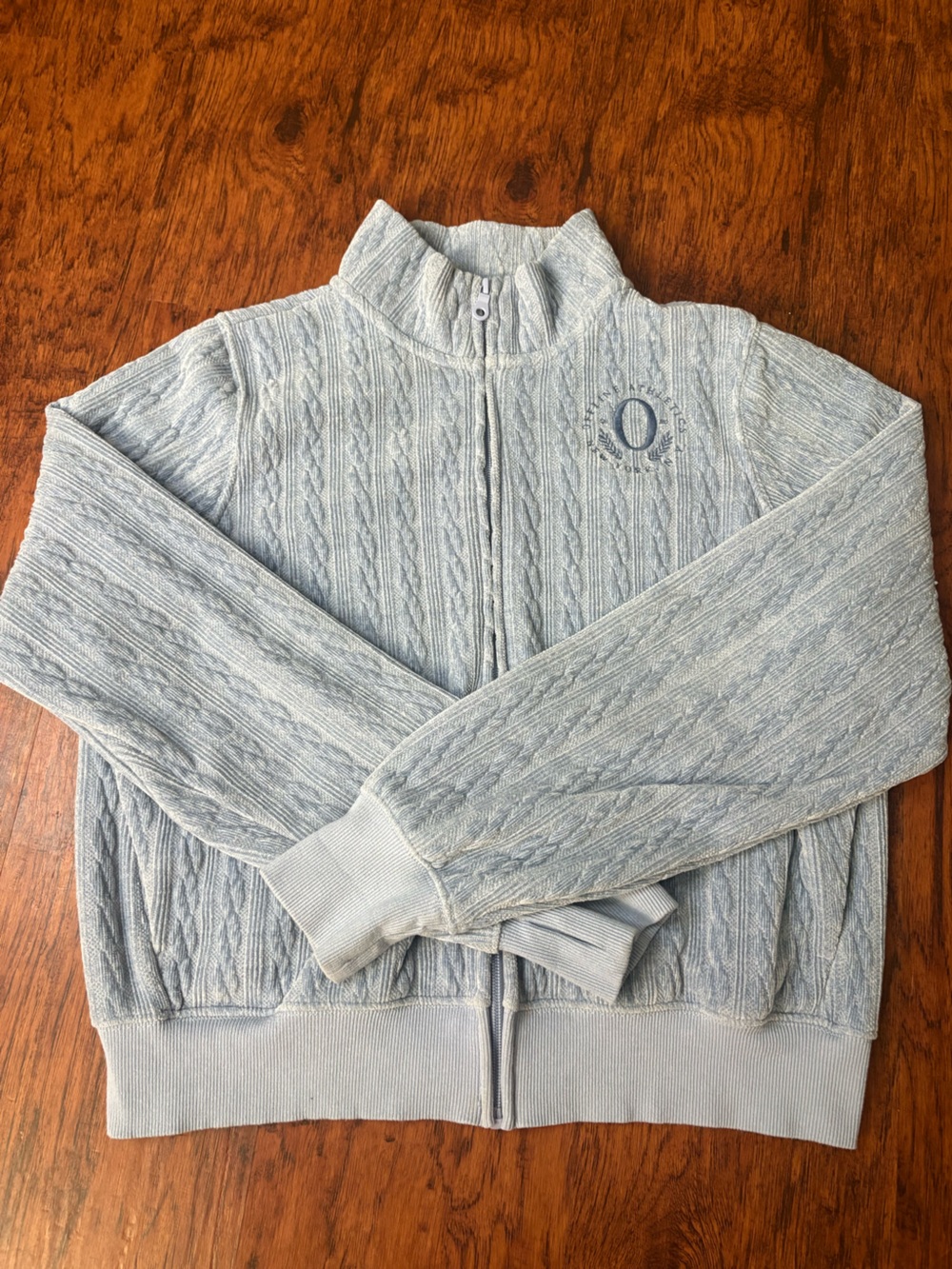aerie Light Blue Cable-Knit Zip-Up Varsity Jacket